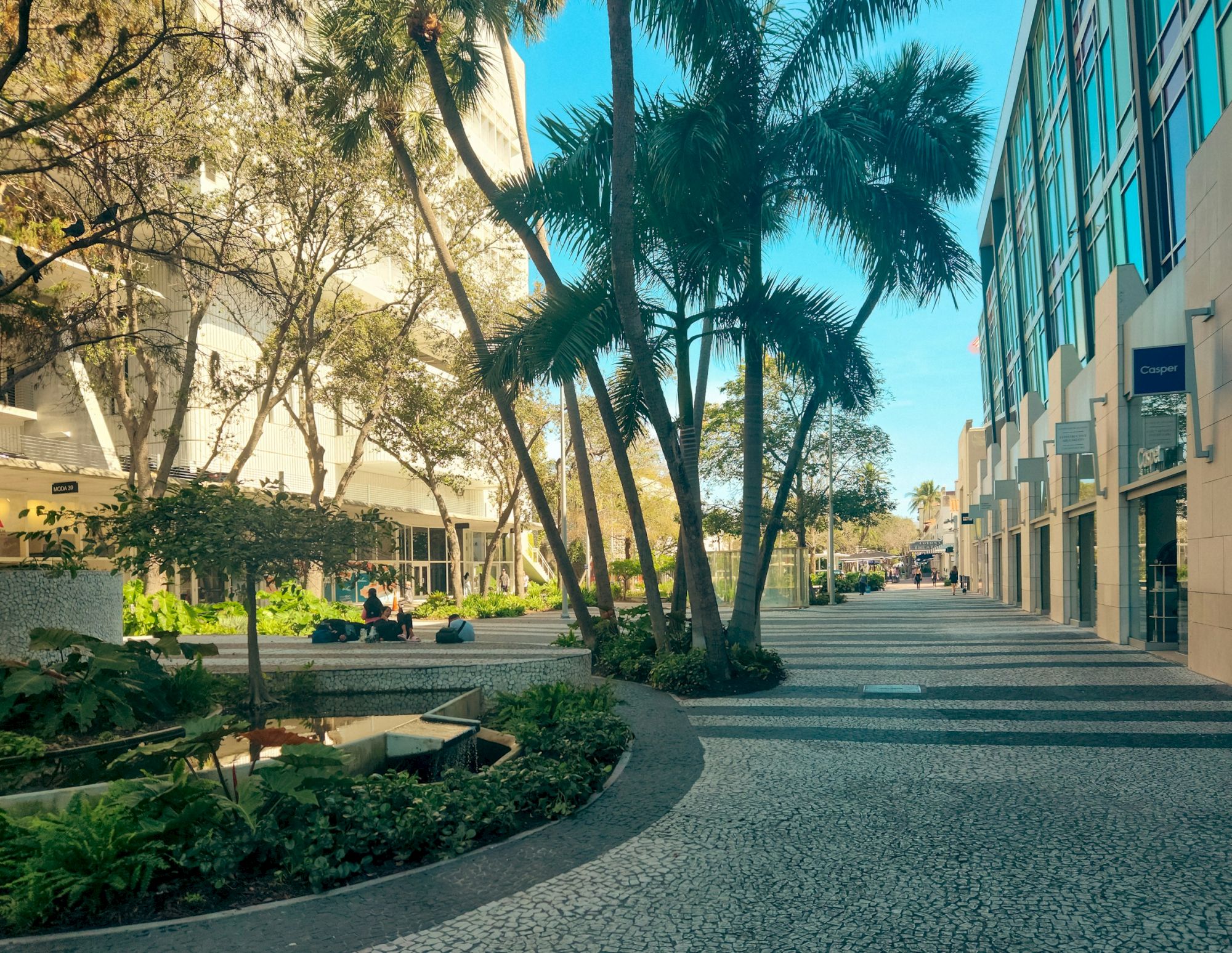 A sunny outdoor walkway features palm trees and modern buildings, with a few people sitting and walking nearby.